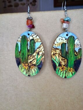 Handpainted Desert Cactus Oval Earrings - Green & Turquoise
